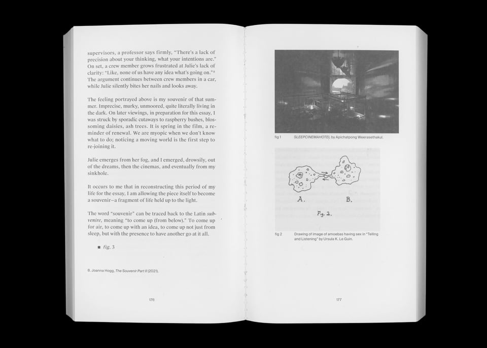 [A scanned book spread with text on the left page and two images on the right.]