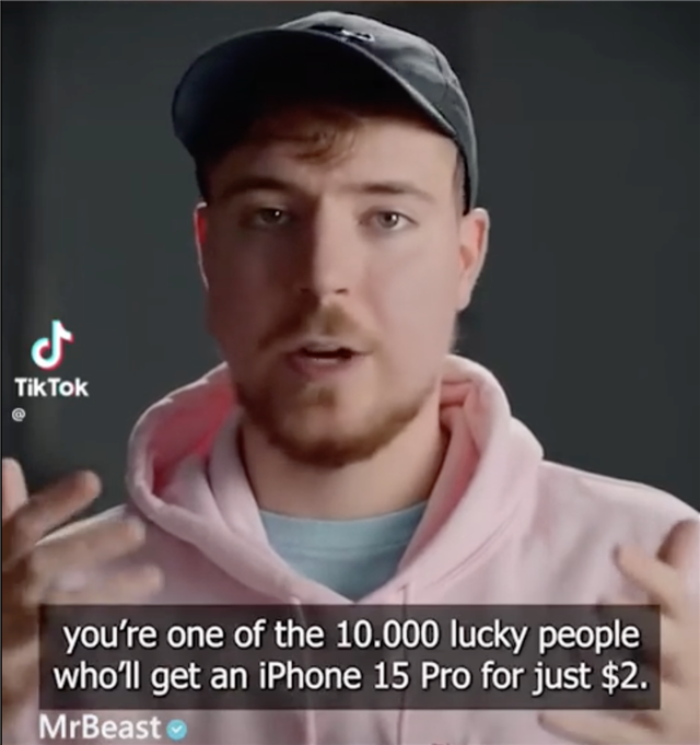 A man talking with text underneath which says "you're one of the 10,000 lucky people who'll get an iPhone 15 Pro for just $2."