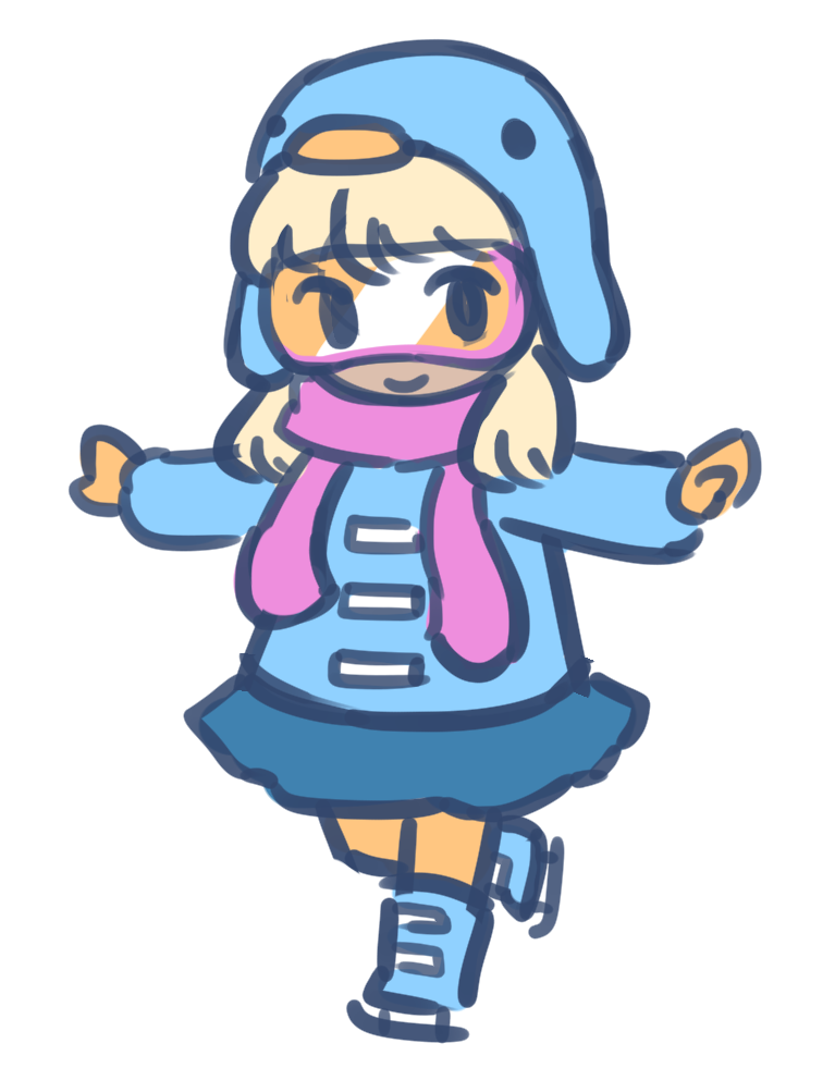 A drawing of a girl wearing a light blue coat, a skirt, ice skates, ski goggles, a pink scarf and a cute penguin hat.