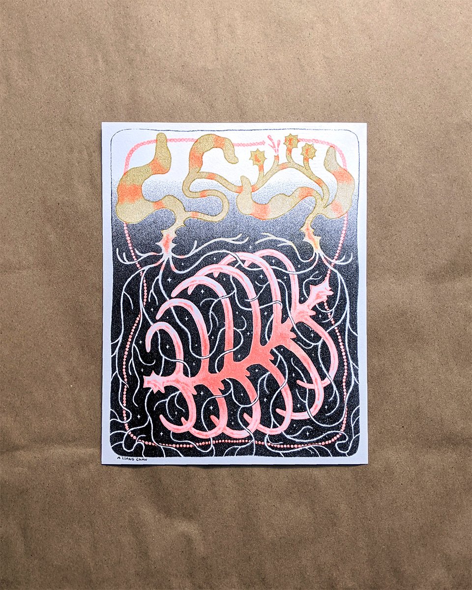 olive green plants twist into each other, their roots reaching down through black earth to tangle with a ribcage in bright orange, stars sparkling in the spaces between.