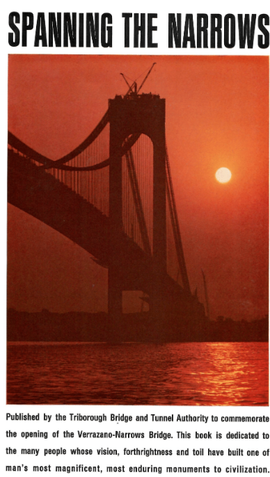 Photo of the Verrazzano-Narrows Bridge at sunset, with the title