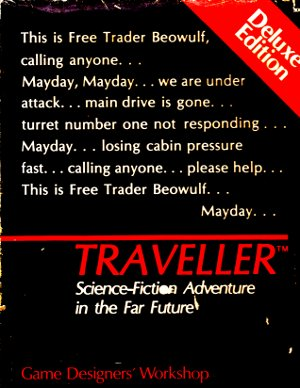 A black box with white and red writing, red shows TRAVELLER the white Science-Fiction Adventure in the Far Future.
