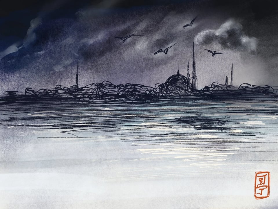 a drawing of istanbul skyline as dark smudges and pencil scribbles