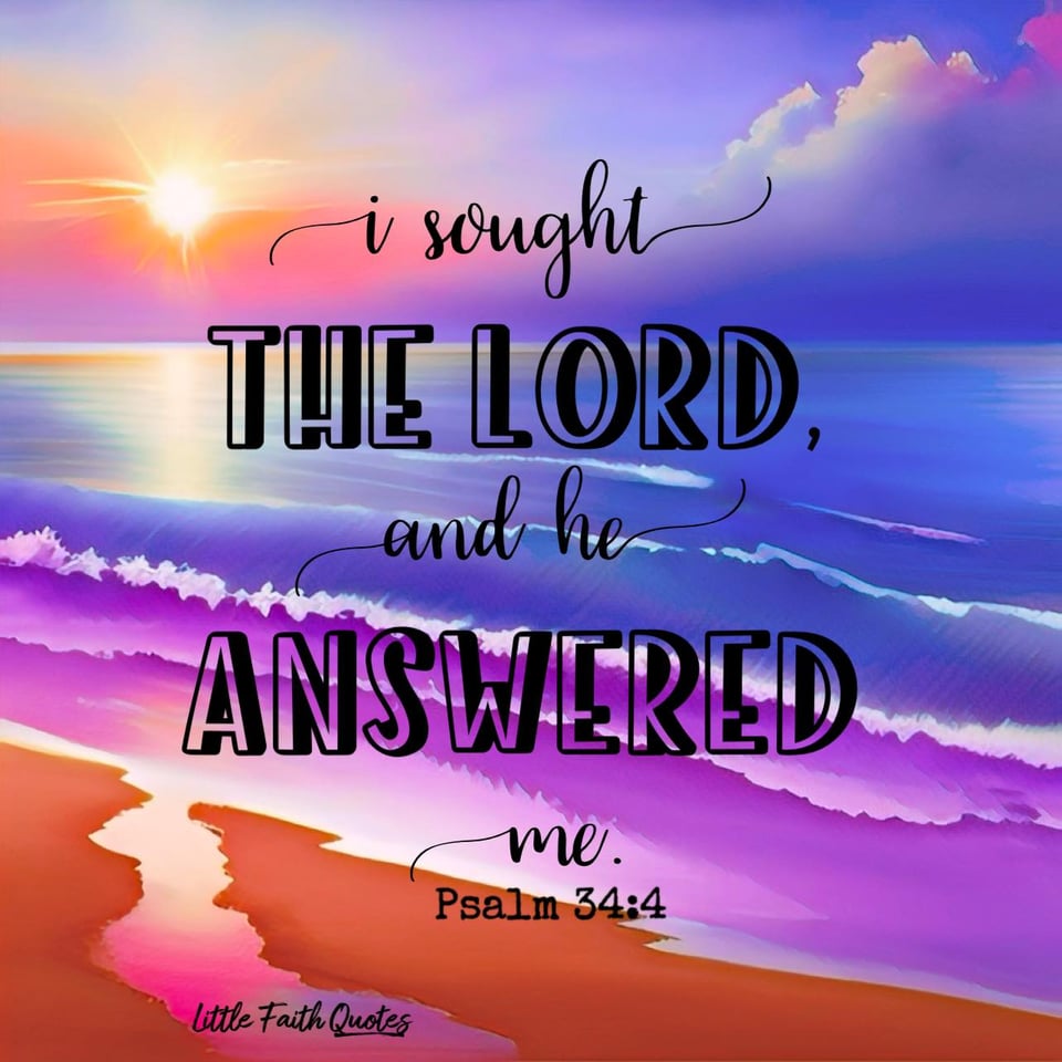 "I sought the LORD, and he answered me; he delivered me from all my fears." ~Psalm 34:4. The sun sets in a beautiful pink and purple sky. Purple waves crash against a sandy beach. Image by: @Little Faith Quotes.