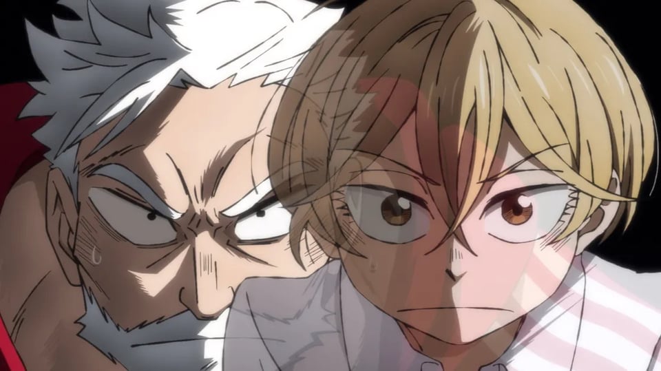 The image of a white-haired, bearded man and blond-haired boy overlaid one another in Sanda (2025)