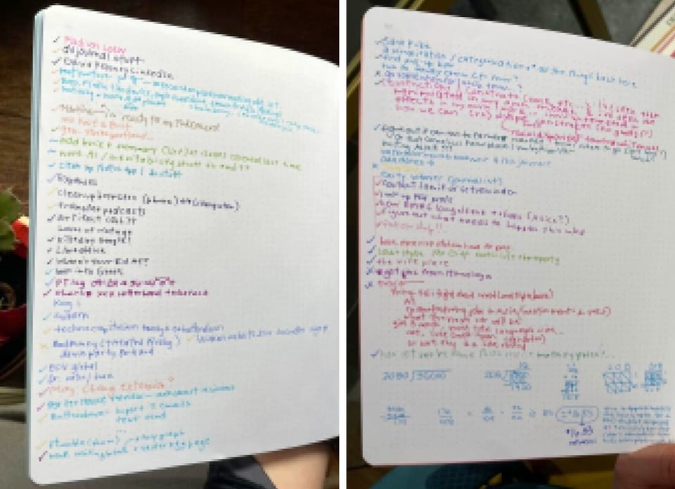 a slightly pixelated image of lists in the back of my notebook written in various colors of ink