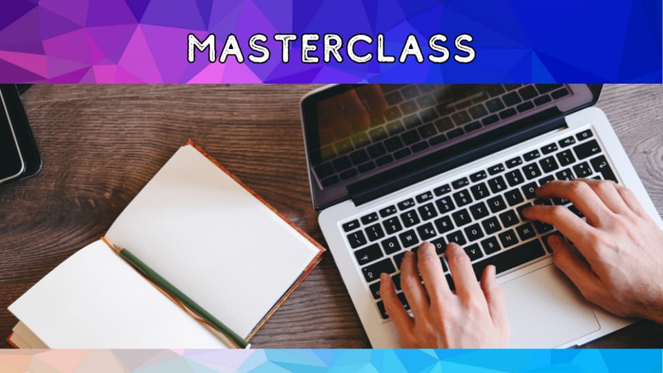 The photo shows someone typing on a laptop and MASTERCLASS is written across the top in white text on a purple background