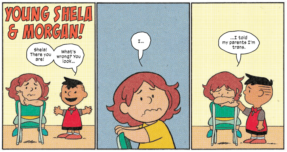 YOUNG SHELA AND MORGAN! A newspaper comic strip with three panels. In the first, Morgan finds Shela sitting in a chair and asks what's wrong. In the second, she looks sad and says