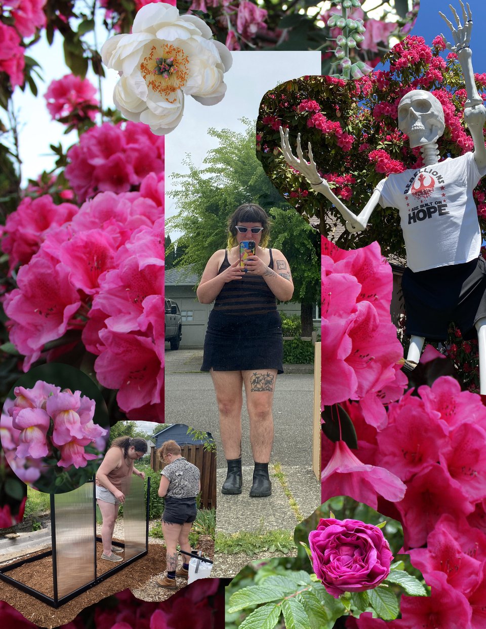 photo collage of pink flowers from around the neighborhood with a picture of elliott in the middle, loved ones assembling a greenhouse in one corner and a giant skeleton with it’s arms up in the other corner.