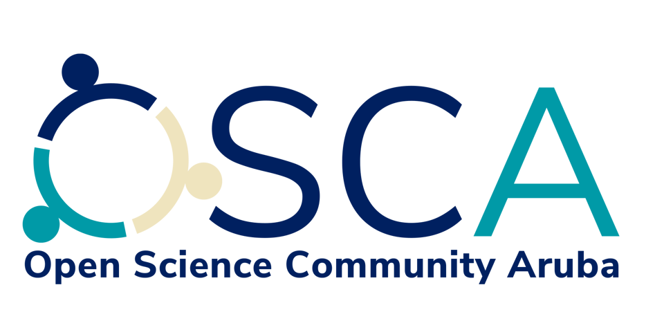 Open Science Community Aruba logo, with the abbreviation OSCA and the O of the abbreviation formed by three abstract figures holding hands to form the O.