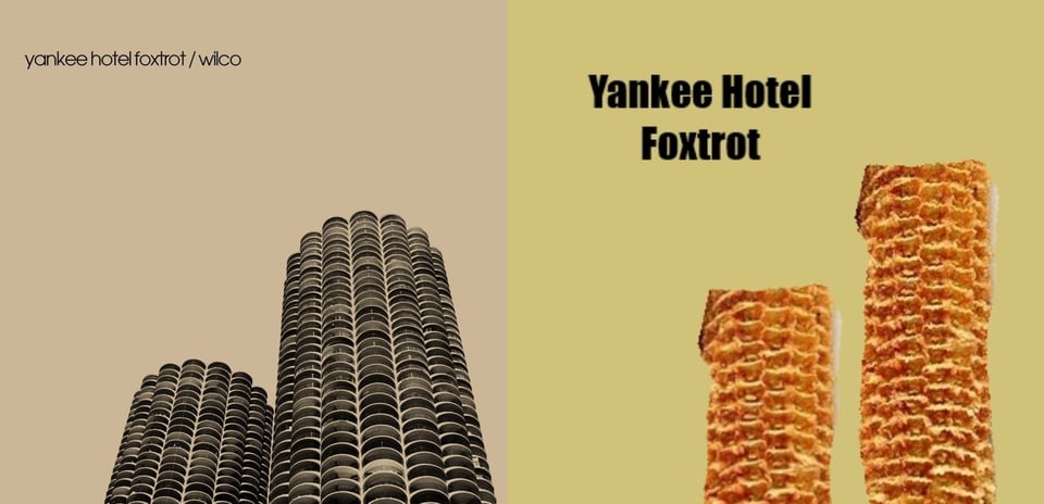 A low angle photograph, tinted beige-brown, of the two towers of the Marina Complex building in Chicago. It is unsual-lookingin that every level consists of disc or clam-shaped balconies, just hundreds of them stacked on top of each other.