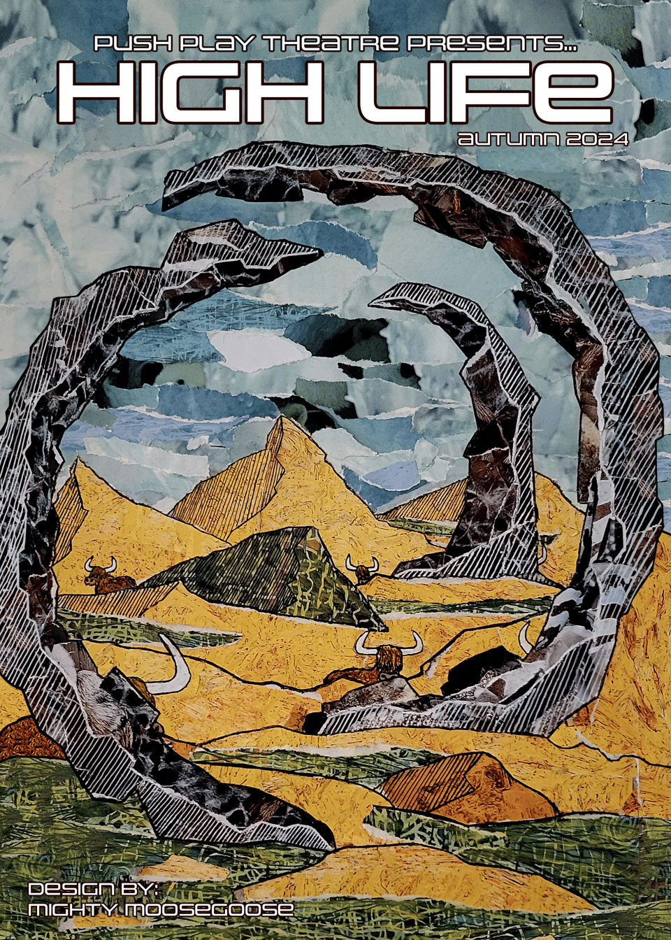 This is the show poster design that will inspire the improvised show on September 22. It showd a desert landscape with architectural structures raised from the sand innthe shape of half circles. There are 6 Scottish Highlander cows sitting in the sand hiding behind the structures or sand hills.