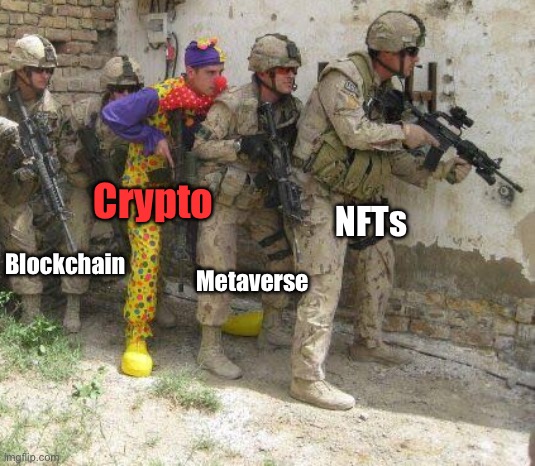 Description: The "Army Clown" meme, with web3 terms as the labels. "Crypto" is the label for the clown.
