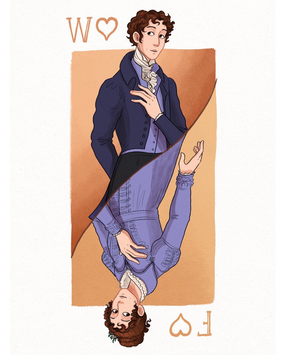 Illustration showing the character from the waist up in the style of a playing card. The upper half W-heart shows a man with short tousled brown hair in a navy cutaway coat and violet waistcoat with his hand on his chest. The reverse F-heart shows a woman in a violet gown with a hand on her chest. The illustrations are the same people.