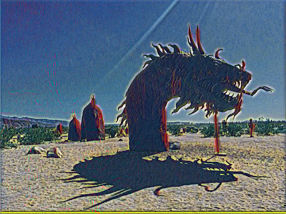 A filtered image of a dragon in the desert with sunbeam over the top