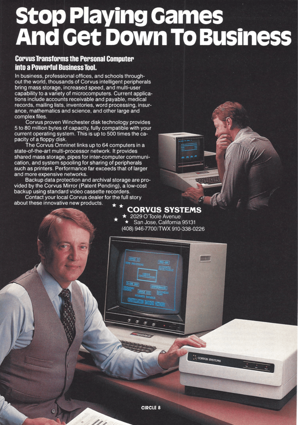 A magazine advertisement showing a man wearing a suit, sitting at his desk, playing videogames. There is another picture of the same man, lower on the page, working on a spreadsheet.