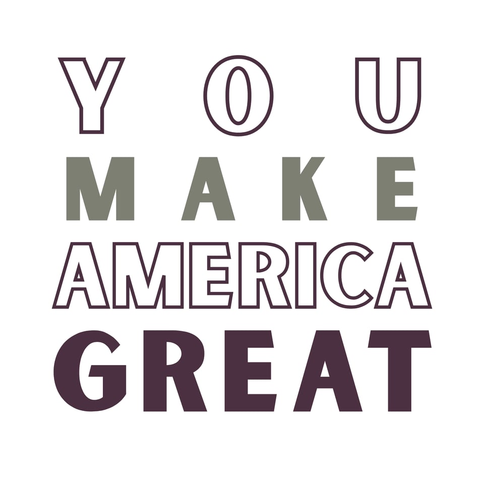Digital mockup of a quilt label. Text reads, “YOU MAKE AMERICA GREAT.”