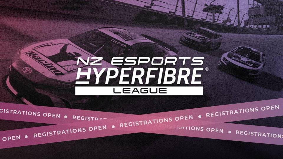 Cars from iRacing with text saying "NZ Esports Hyperfibre league registrations open"