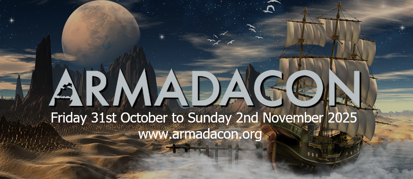 Banner image saying, Armadacon, Friday 31st October to Sunday 2nd November 2025, www.armadacon.org