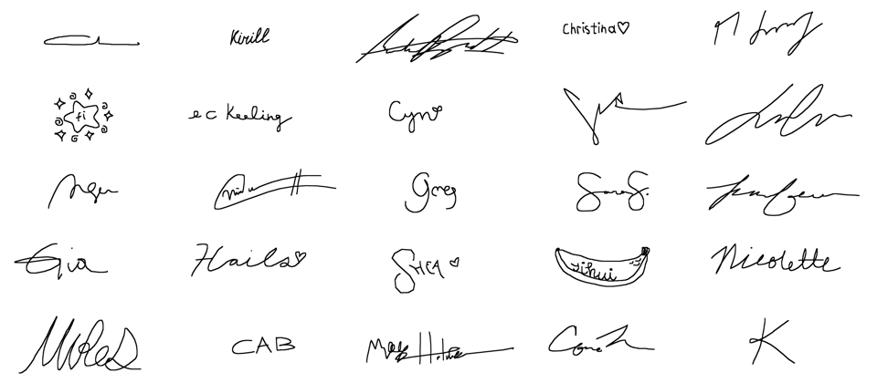 A grid of signatures from various Are.na members