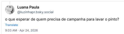 Post de Luana Paula (@luzinhapr.bsky.social)
o que esperar de quem precisa de campanha para lavar o pinto?
