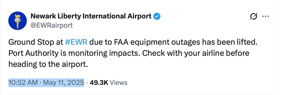 screen cap of tweet from Newark Liberty International Airport, saying that a Ground Stop due to FAA equipment outages has been lifted. It's time-stamped 4 minutes after my flight arrived there on Sunday.