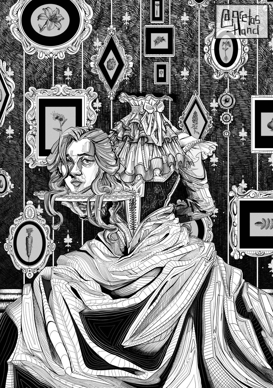 A black and white ornate illustration of a Victorian woman holding her own head on a platter.