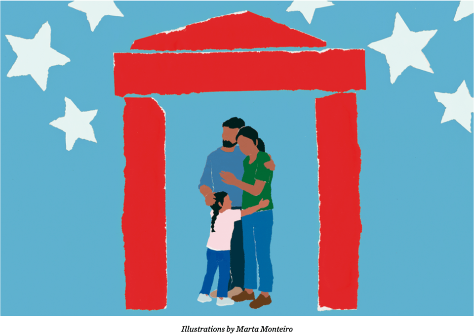 A collage image of a man, woman and child embracing under a little house made of red stripes, with a blue background and stars around them.