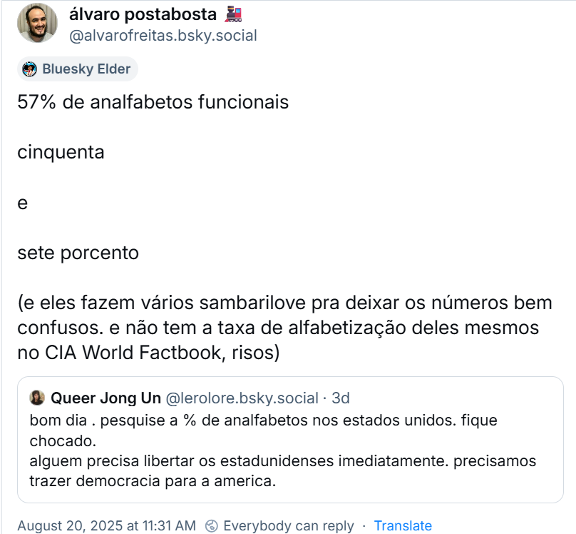 Post do álvaro postabosta (‪@alvarofreitas.bsky.social‬) em que ele reposta o post anterior e acrescenta o texto: 57% de analfabetos funcionais / cinquenta e sete porcento (e eles fazem vários sambarilove pra deixar os números bem confusos. e não tem a taxa de alfabetização deles mesmos no CIA World Factbook, risos)