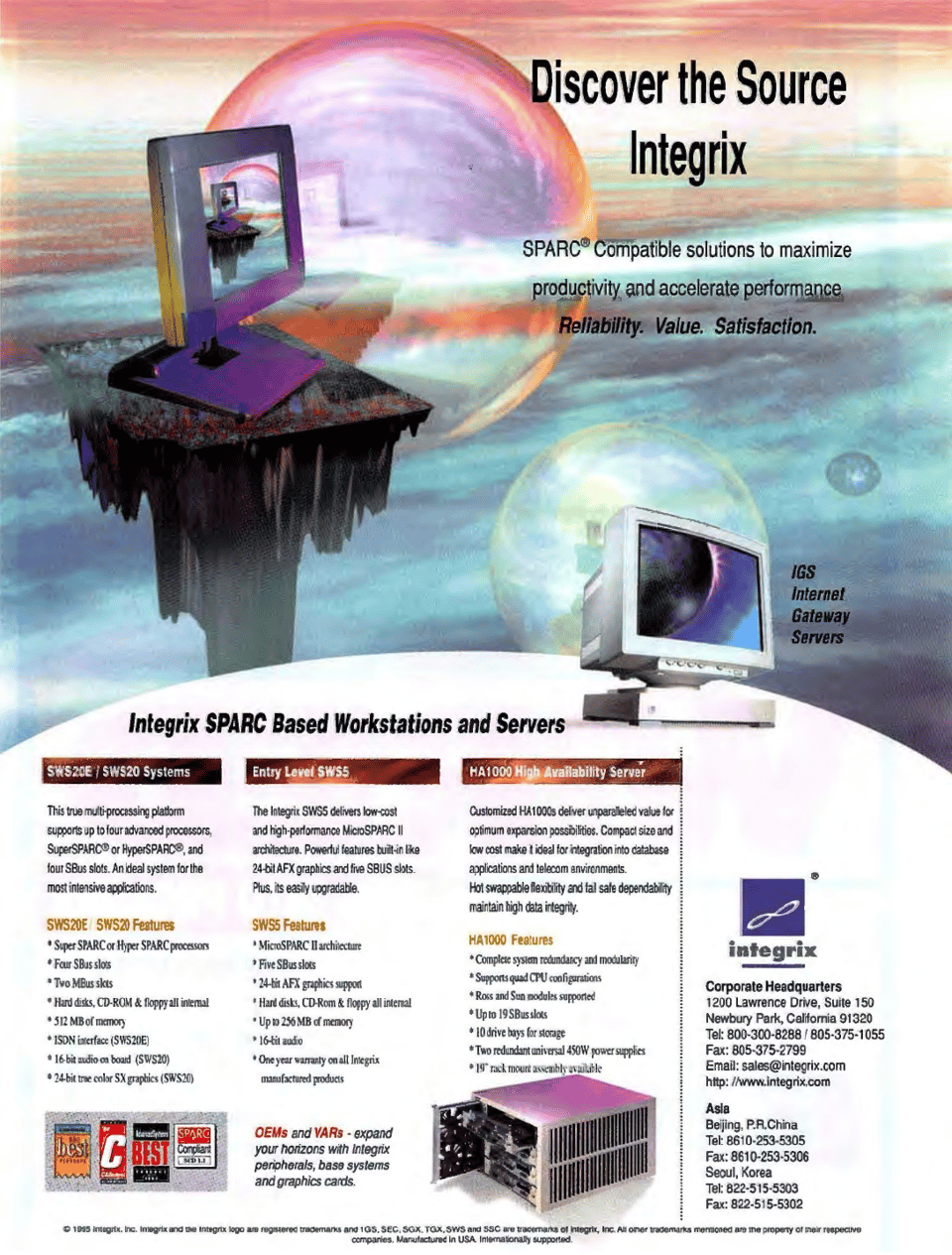 A magazine advertisement from the mid 90s depicting computer hardware sitting atop a pixelated floating stone. There are some poorly rendered bubbles and clouds in the background.