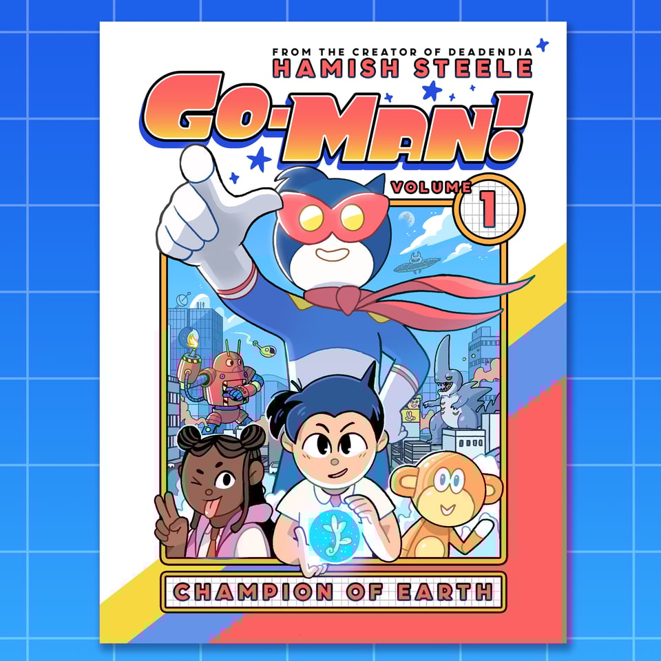 The cover for the book GO-MAN Volume 1 Champion of Earth. The book has a large white border with red, blue and yellow stripes across it. In the middle of the cover is an image showing a Japanese-American boy with jet black hair holding a glowing plant, a Black girl with her hair in two Sailor-Moon-esq bunches and an orange monkey robot. Behind them is a blue and red superhero with a long scarf and large mask across his yellow eyes. Behind him is a cityscape with a large red robot fighting a giant monster resembling a shark or swordfish.