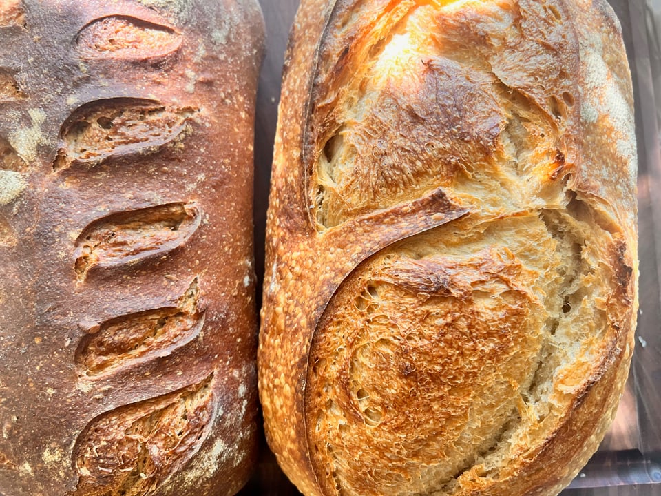 barrio bread's rye loaf and sourdough loaf side by side