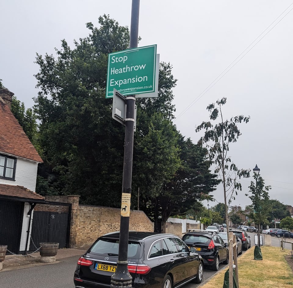 A 'Stop Heathrow Expansion' sign in Hillingdon
