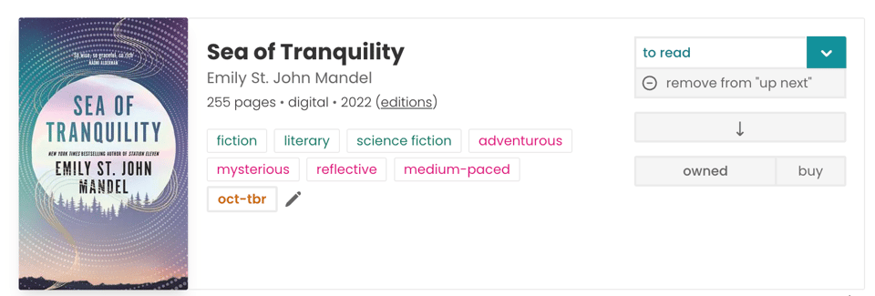 A book listing for Sea of Tranquility by Emily St. John Mandel, showing genre tags like fiction, literary, and science fiction, and a “to read” status.