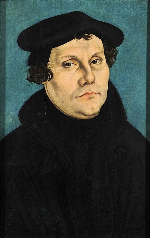 A painted portrait of a man in a black monk's robe and hat
