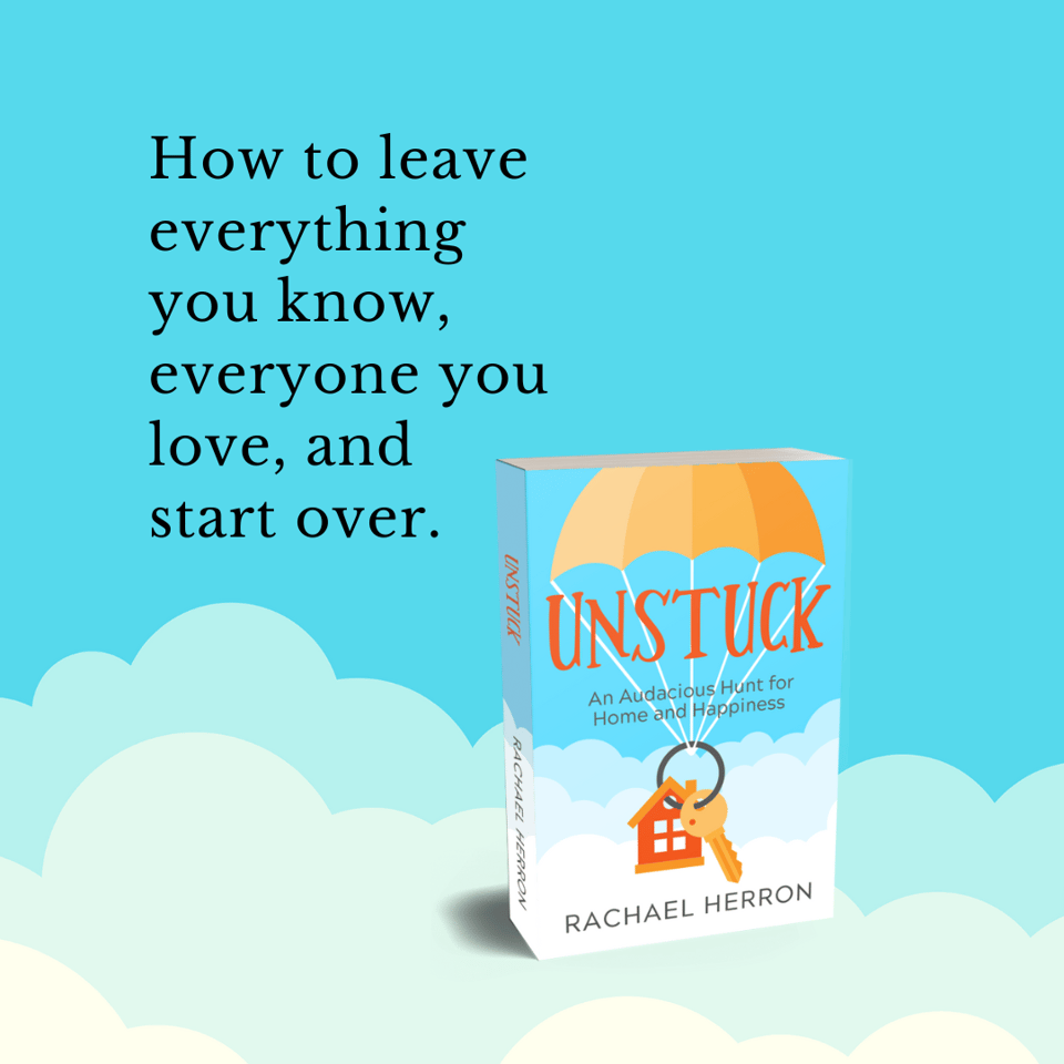 Image of blue skies, clouds, and the Unstuck book