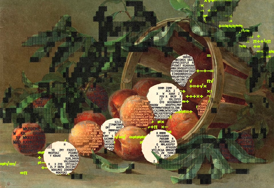 peaches in a basket classically painted with glitching ascii text over portions of the art