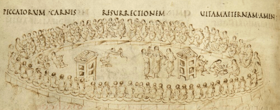 Illustration from the ninth-century manuscript known as the Utrecht Psalter, depicting a large group of men sitting in a circle. Other people, including three men standing together, are scattered throughout the central space, as are two podiums bearing books.
