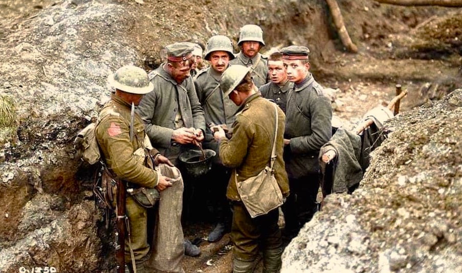 This colourized photo shows Canadian troops questioning captured German soldiers at the Battle of Arleux in the spring of 1917.