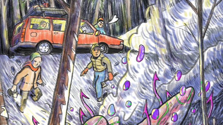 An illustration out of The Last Caravan, showing a group of travelers inspecting something mysterious in snowy woods.