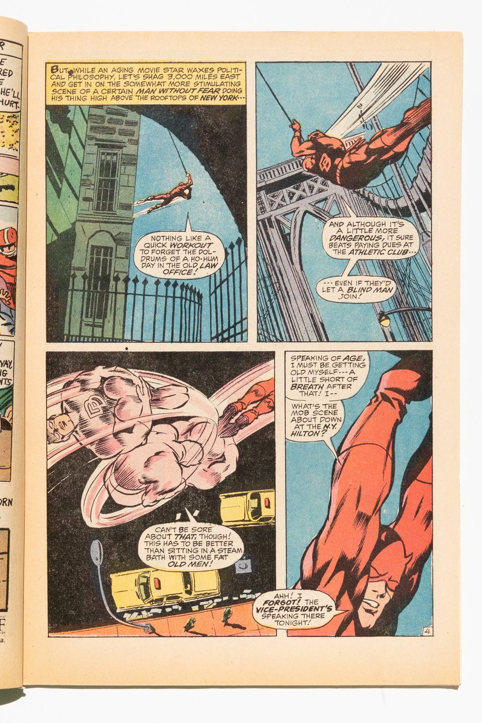 A Daredevil page by Gene Colan. DD is swinging through the city in four panels, monologue going the whole time.