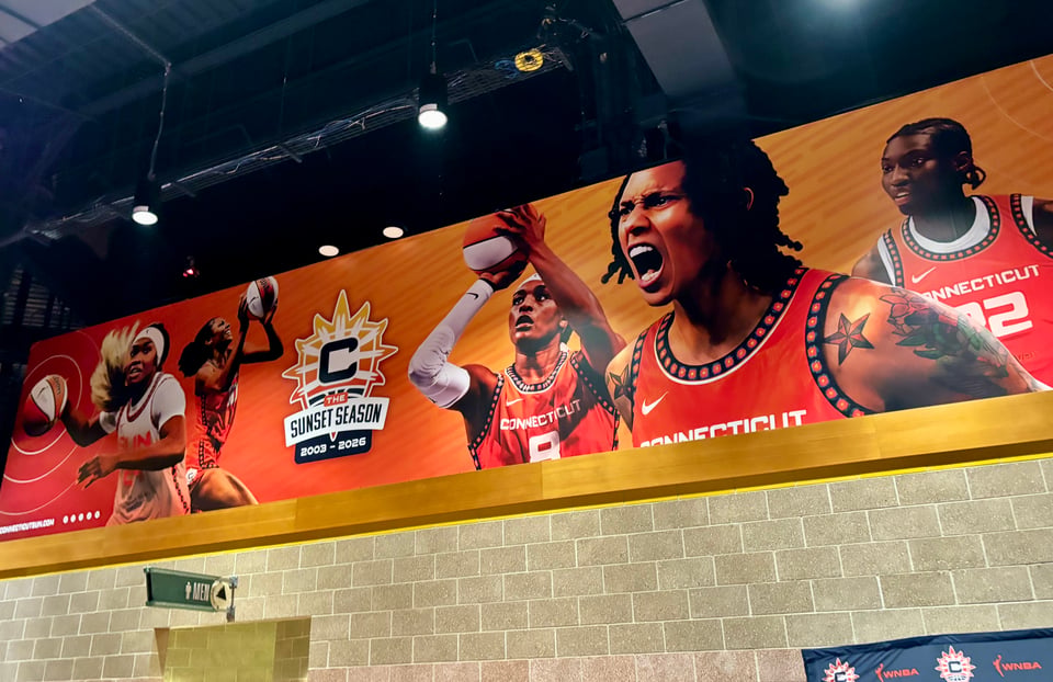 A banner highlights the "Sunset Season" with images of Sun players Aneesah Morrow, Aaliyah Edwards, Brittney Griner, and Saniya Rivers
