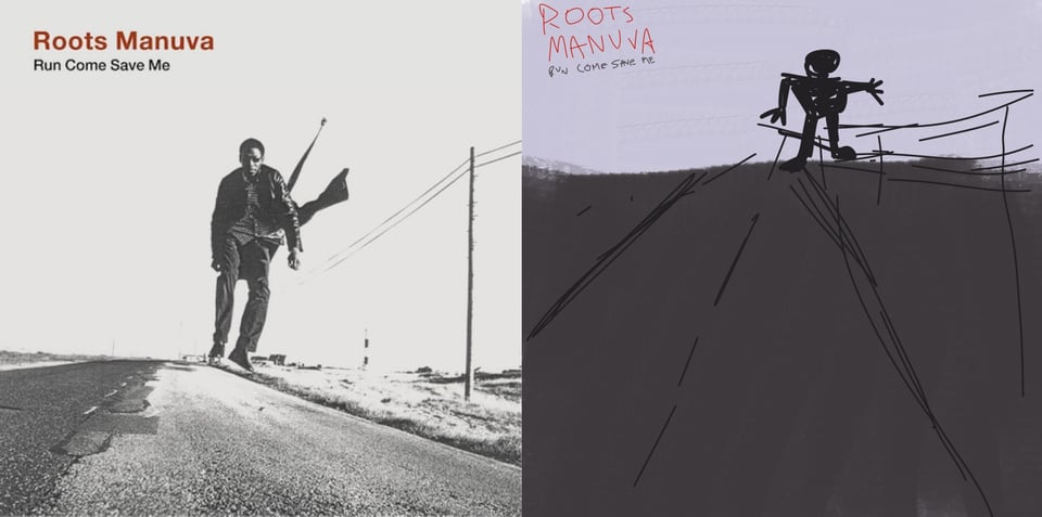 A black and white photo of Roots Manuva, a Black man, seemingly hovering over a road in what looks like the desert, or at least a very desolate-looking place. HIs jacket and his button-down shirt blow in the wind. There is a telephone pole and wires to the right.