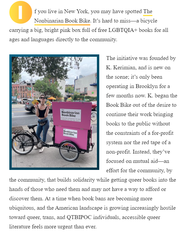 Screenshot of Katie Robinson's article about The Nonbinarian Book Bike for Electric Lit