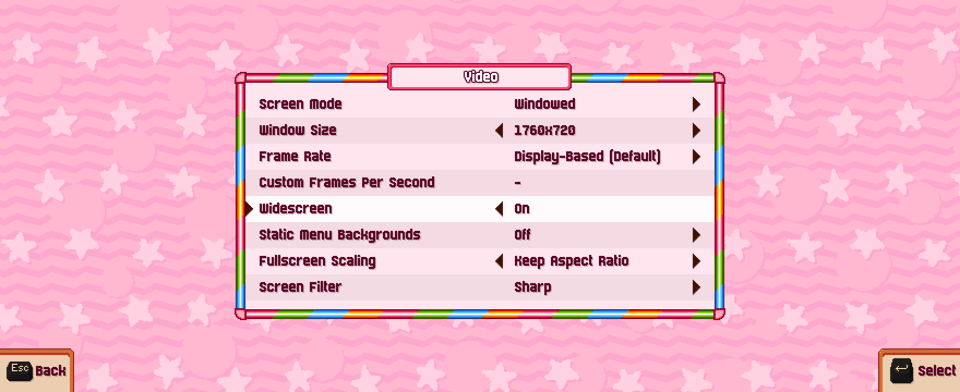 The game's options menu in an ultrawide aspect ratio, with a pink patterned background extending to the edges of the screen.