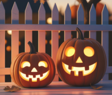 Glowing Jack O Lanterns on Porch for Autumn Holiday from Adobe
