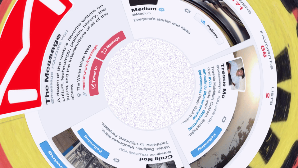 A graphic showing a spiral of the Message, Medium, Tressie MC, and Craig Mod's Twitter profiles