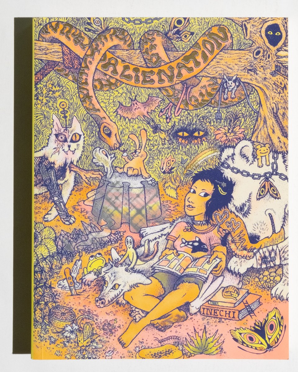 The cover of Alienation by Inés Estrada. It shows a young person reading a comic book sitting in a dense jungle of animals, at peace with them. A robot cat enters the scene from the left while a polar bear cuddles the young person.