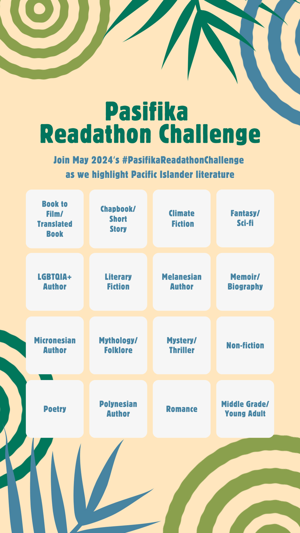 Bingo style card says Pasifika Reading Chalenge. Squares: Book to Film/Translated Book, Chapbook/Short Story, Climate Fiction, Fantasy/Sci-fi, LGBTQIA+ Authot, Literary Fiction, Melanesian Author, Memoir/Biography, Micronesian Author, Mythology/Folklore, Mystery/Thriller, Non-fiction, Poetry, Polynesian Author, Romance, Middle Grade/YA