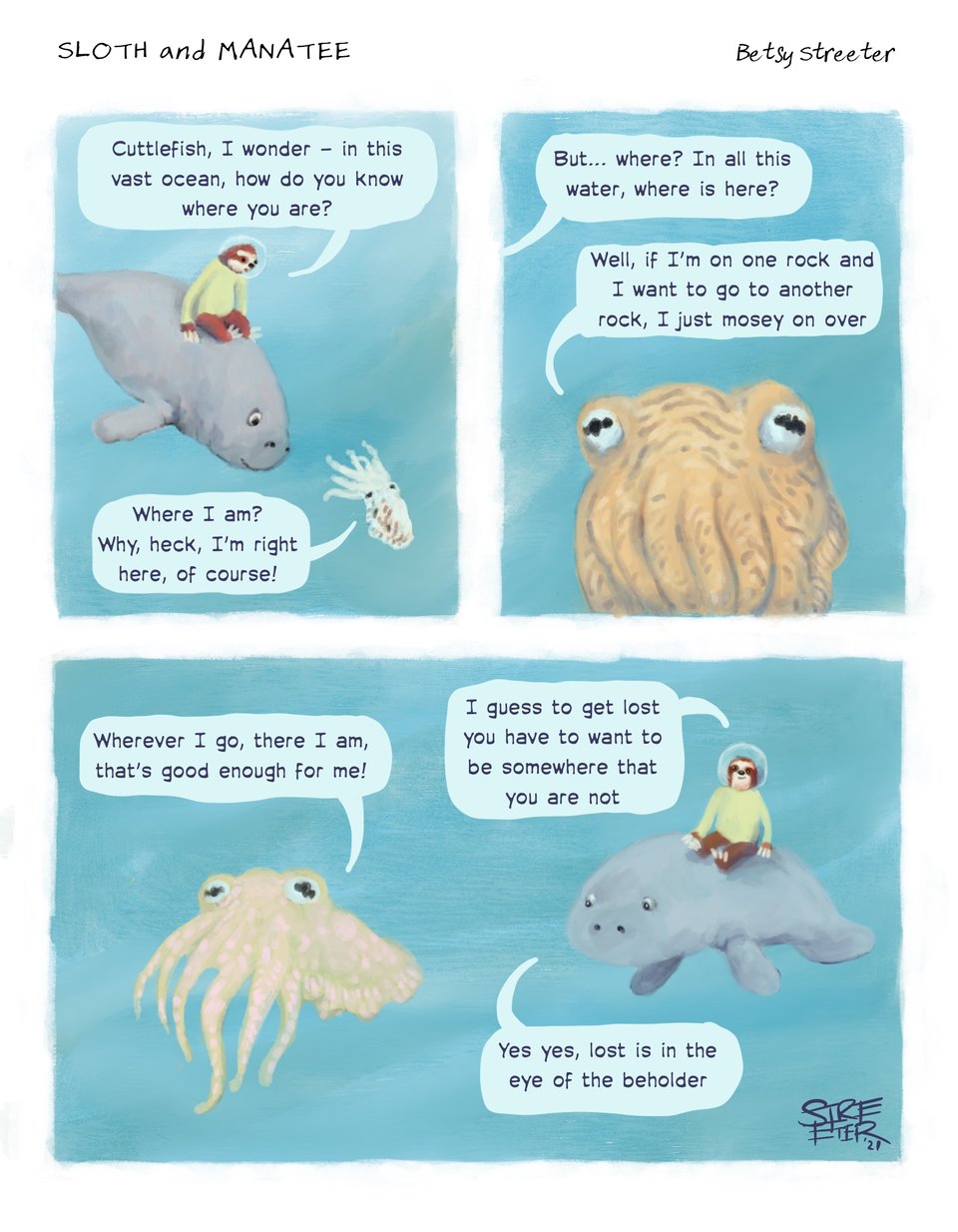Comic of Sloth and Manatee talking with a cuttlefish under the ocean